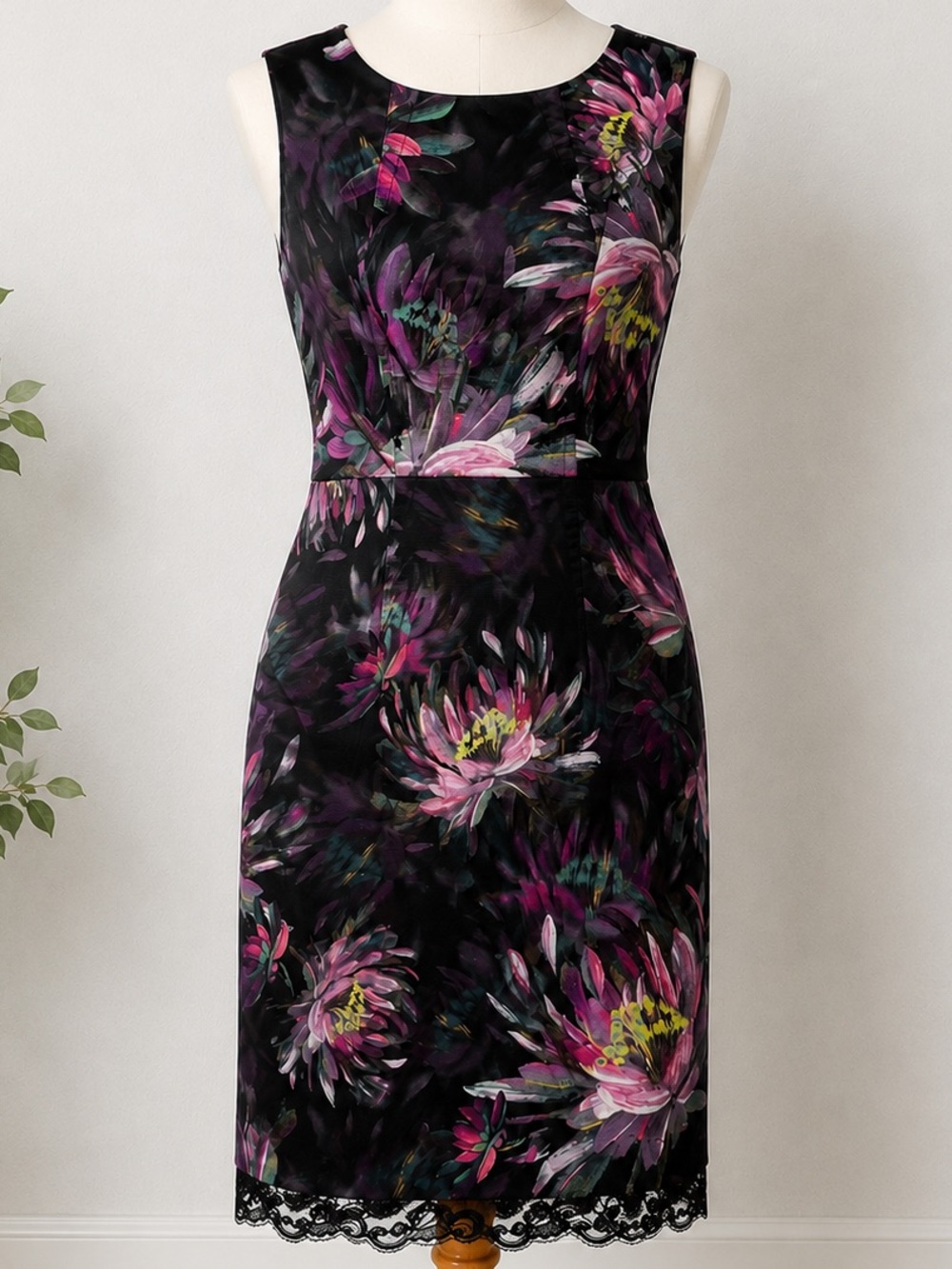 Trina Turk Black Floral Sleeveless Midi Dress with Pink & Purple Blooms